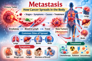 Metastasis illustration showing how cancer spreads through the bloodstream and lymphatic system to lungs liver bones and brain
