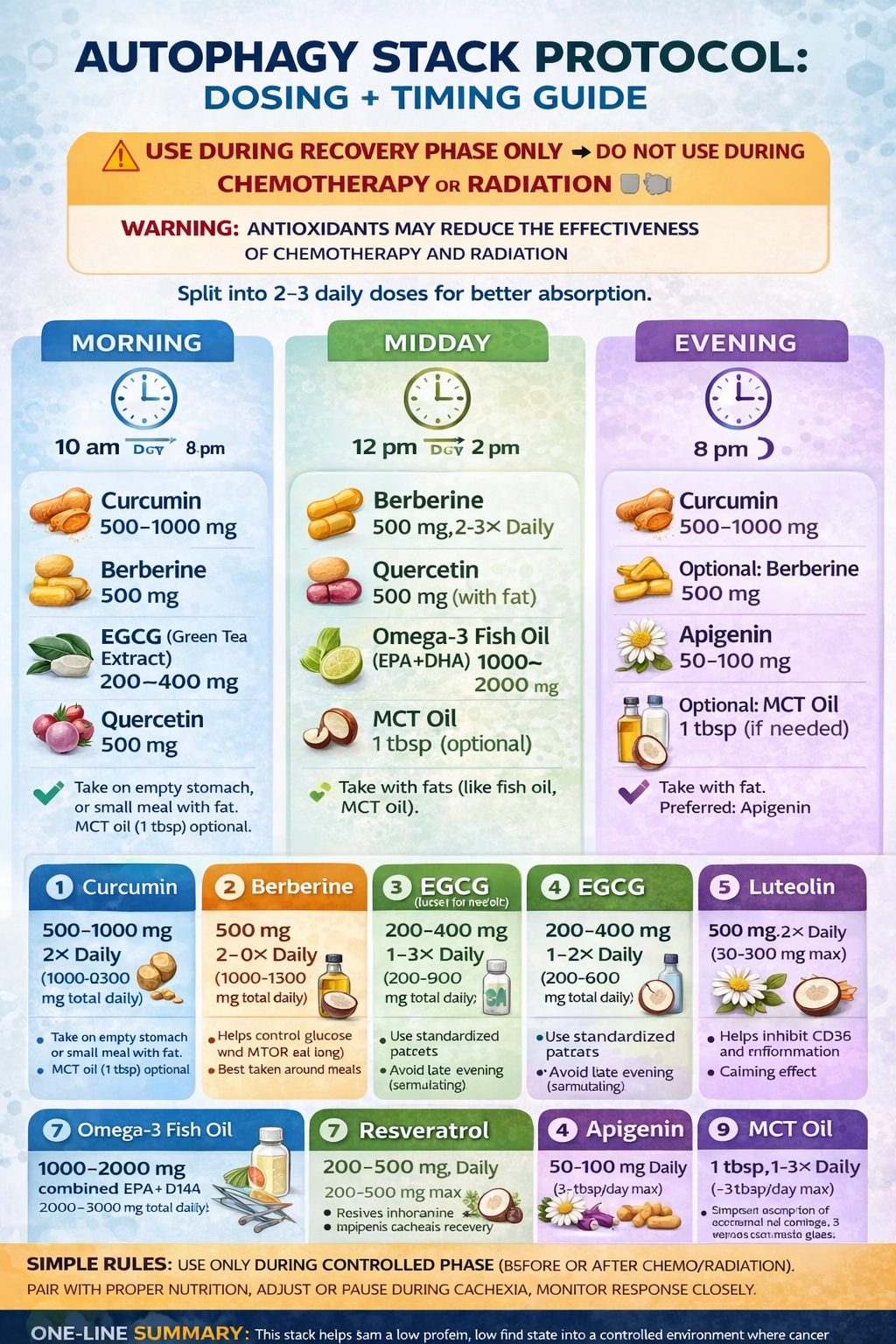 autophagy stack protocol dosing timing infographic showing supplement schedule for cancer metabolism and pathway inhibition