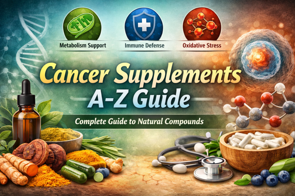 Cancer supplements A–Z guide showing natural compounds for metabolism, immune support, and oxidative stress in cancer
