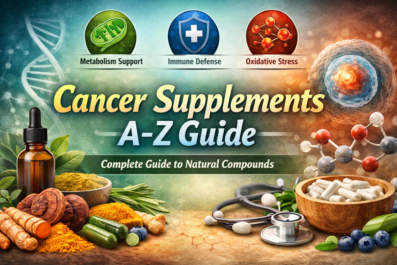Cancer supplements A–Z guide showing natural compounds for metabolism, immune support, and oxidative stress in cancer