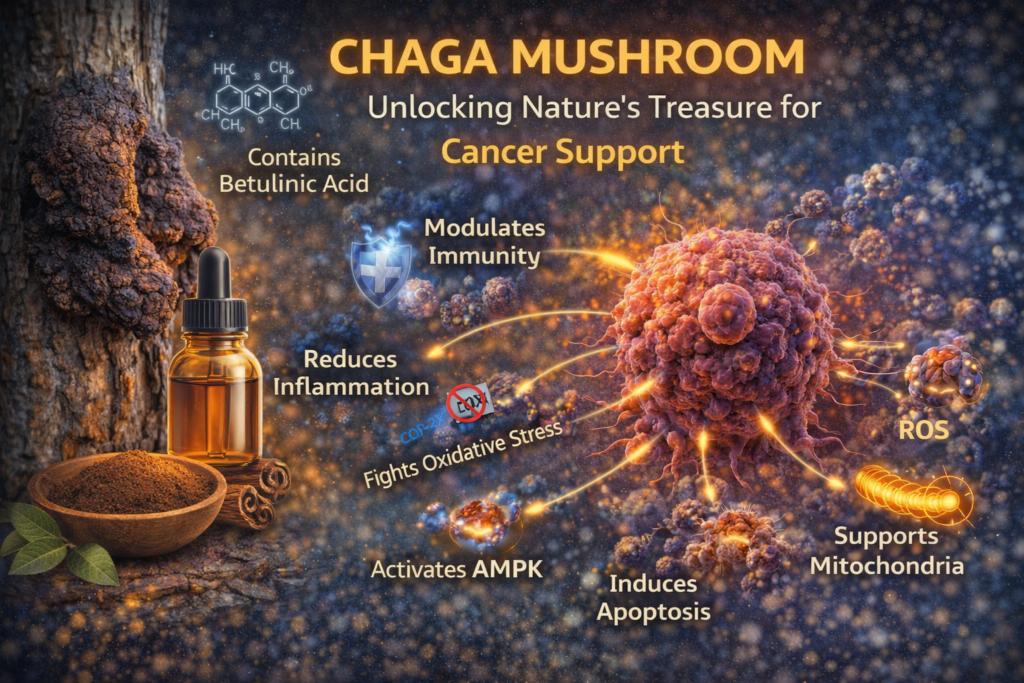 Chaga mushroom cancer pathways showing betulinic acid, immune modulation, AMPK activation, ROS balance, apoptosis, and mitochondrial support