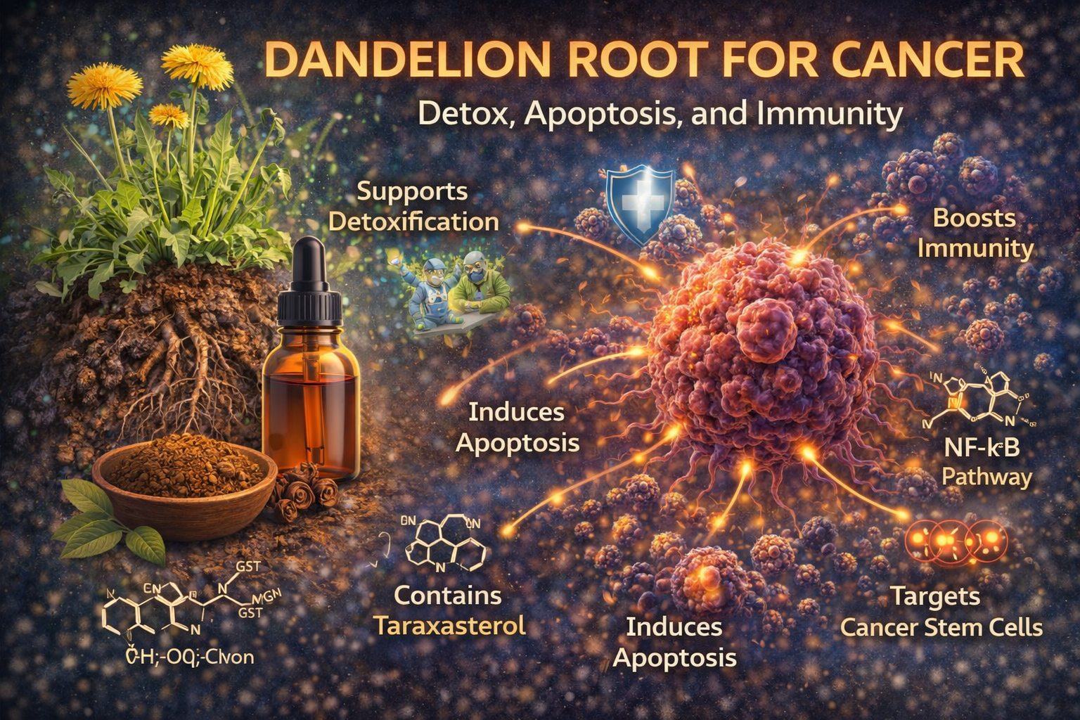 Dandelion root cancer pathways showing detoxification, taraxasterol, apoptosis, immune support, NF-kB inhibition, and cancer stem cell targeting