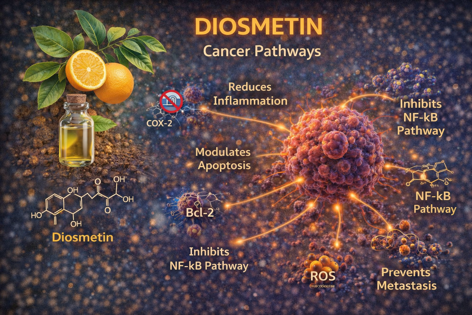 Diosmetin cancer pathways showing flavonoid targeting PI3K Akt, NF-kB, STAT3, apoptosis, and tumor growth inhibition