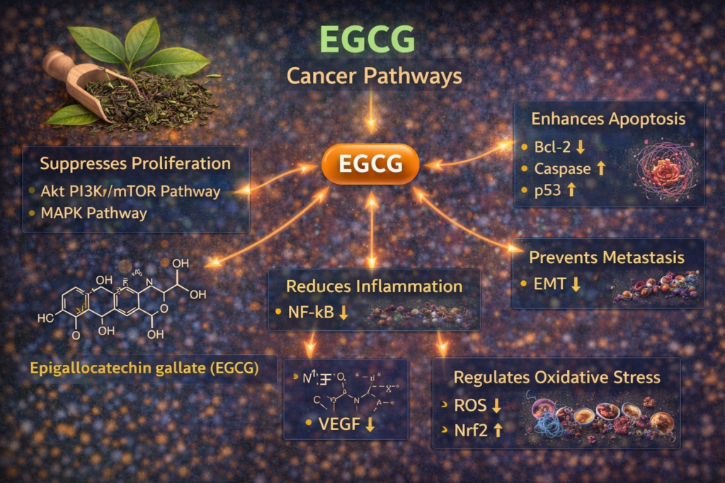 EGCG cancer pathways diagram showing PI3K Akt mTOR MAPK NF-kB VEGF apoptosis and oxidative stress regulation