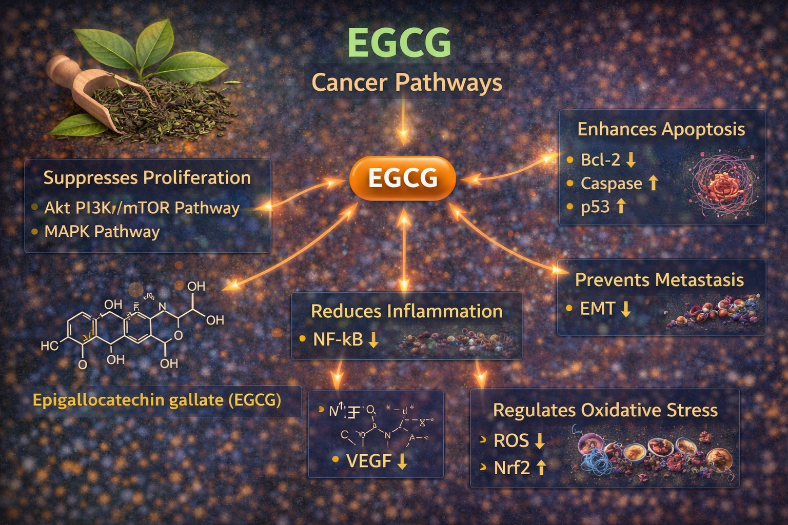 EGCG cancer pathways diagram showing PI3K Akt mTOR MAPK NF-kB VEGF apoptosis and oxidative stress regulation