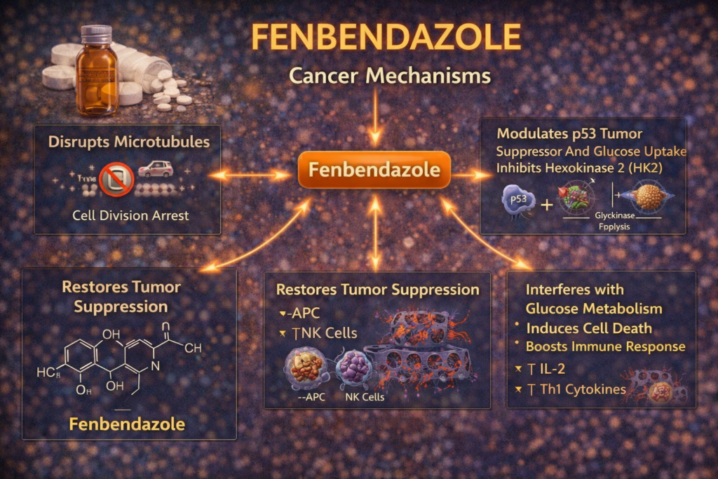 Fenbendazole cancer mechanisms diagram showing microtubule disruption p53 modulation glucose metabolism inhibition and tumor suppression pathways