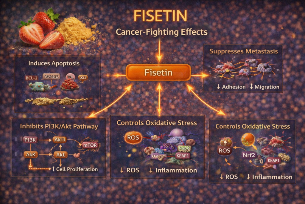 Fisetin cancer pathways diagram showing PI3K Akt inhibition apoptosis induction ROS regulation Nrf2 activation and metastasis suppression