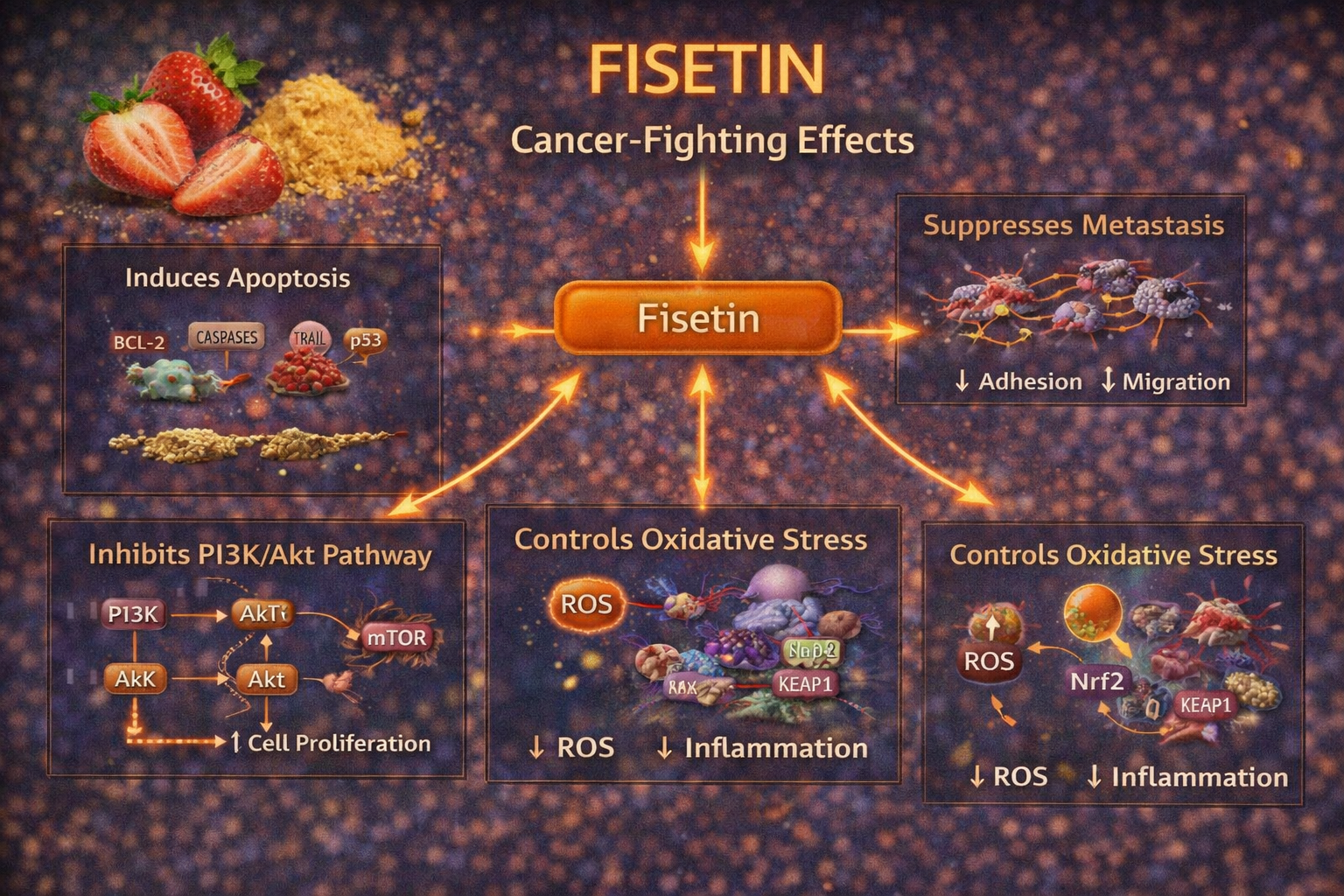 Fisetin cancer pathways diagram showing PI3K Akt inhibition apoptosis induction ROS regulation Nrf2 activation and metastasis suppression