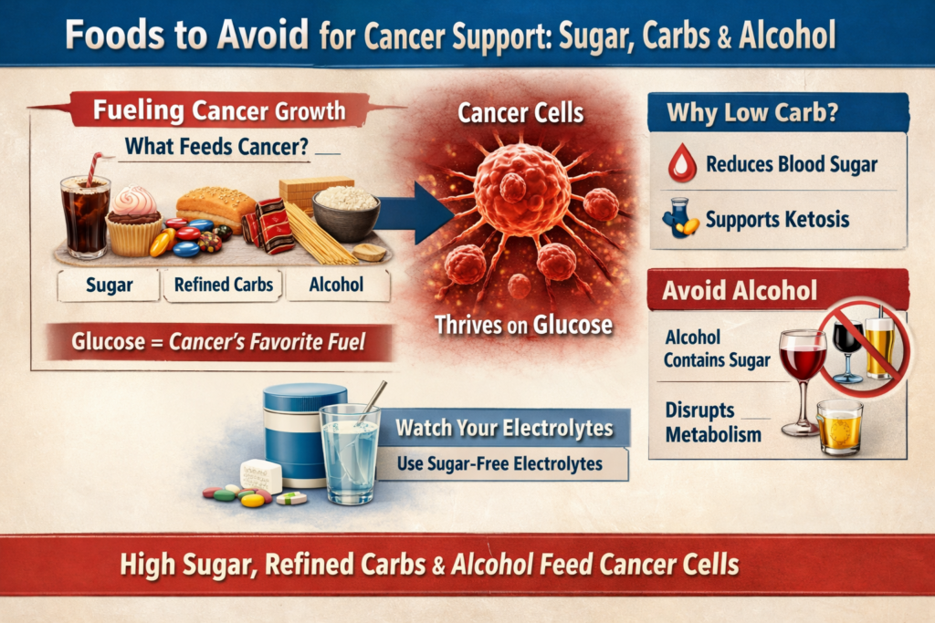 foods to avoid for cancer showing sugar carbs and alcohol increasing glucose and feeding cancer cells