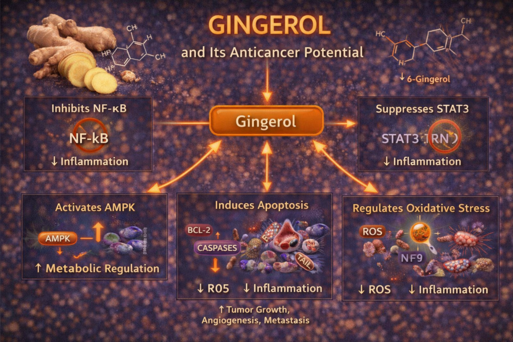 Gingerol cancer pathways showing NF-kB inhibition STAT3 suppression AMPK activation apoptosis induction and ROS regulation