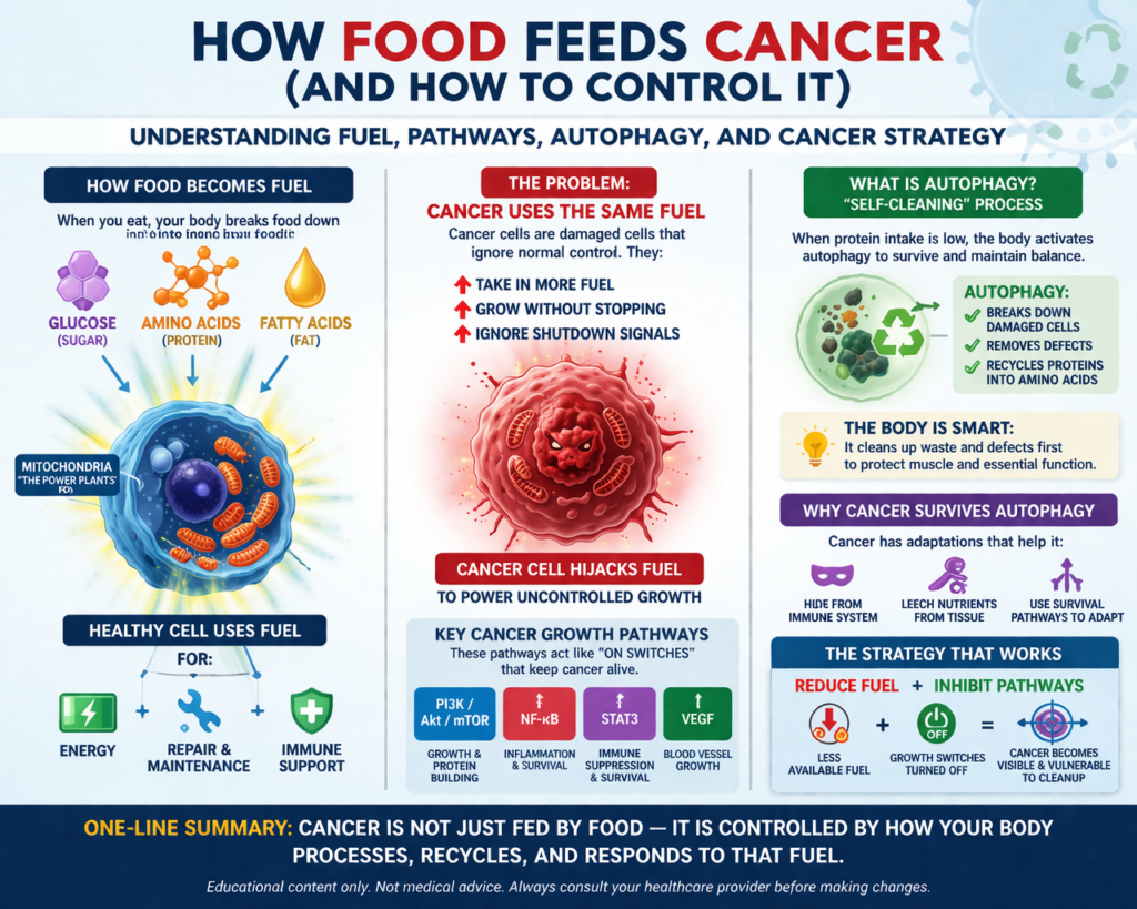 how food feeds cancer diagram showing autophagy cancer metabolism pathways and cellular fuel use
