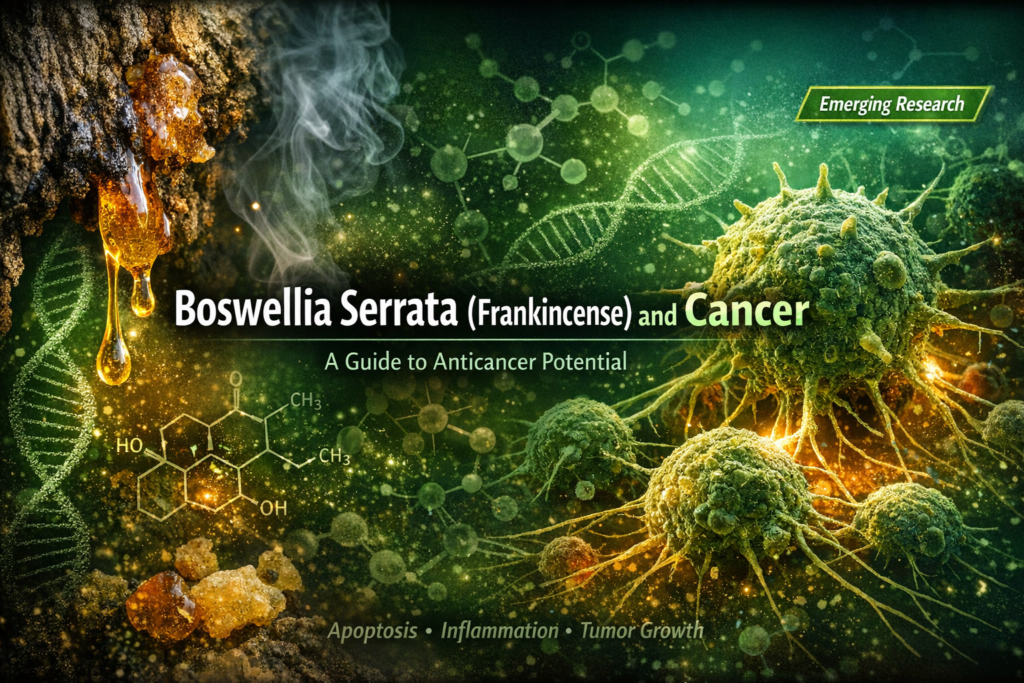 Boswellia serrata frankincense and cancer research showing resin, cancer cells, apoptosis inflammation pathways