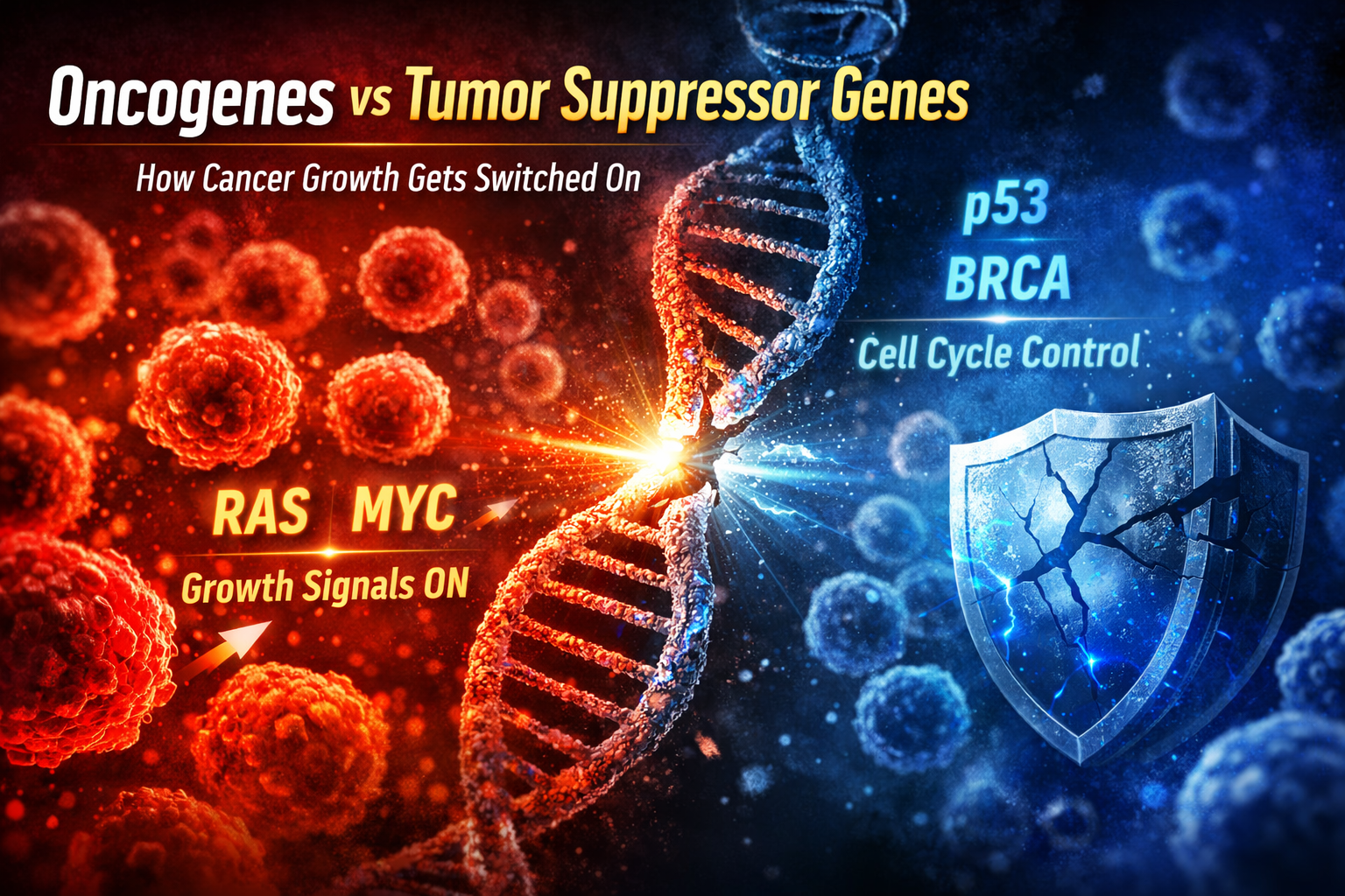 Oncogenes vs tumor suppressor genes illustration showing cancer growth activation and DNA repair mechanisms