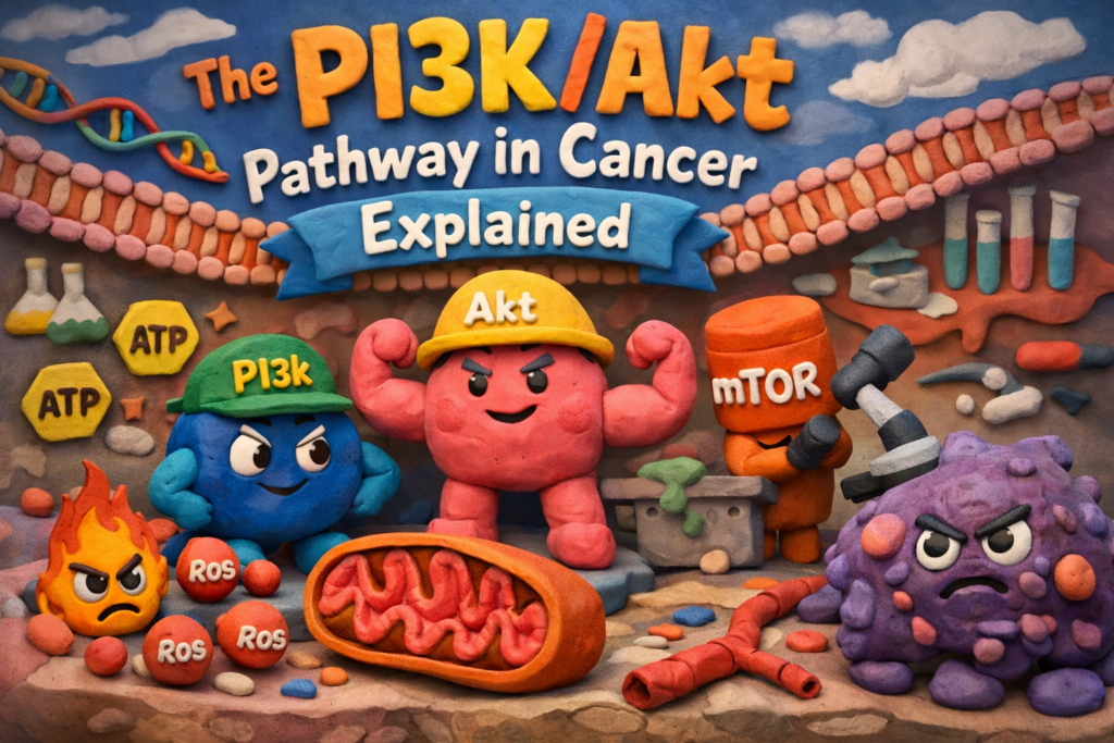 PI3K Akt pathway in cancer claymation illustration showing tumor growth signaling, metabolism, and mTOR activation