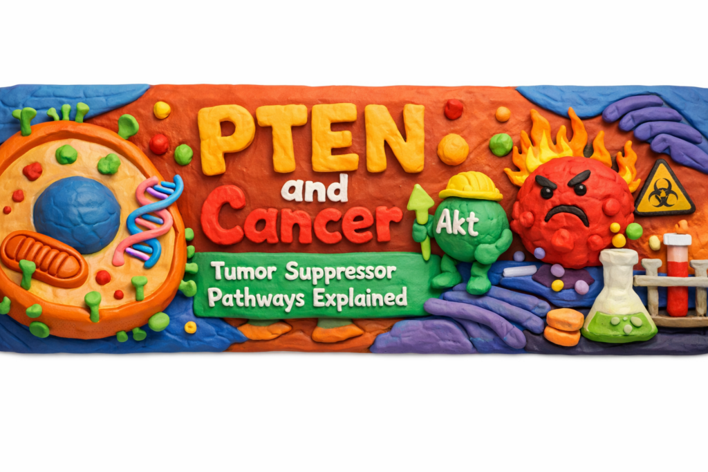 PTEN tumor suppressor pathway claymation illustration showing PI3K Akt cancer signaling and cell growth control