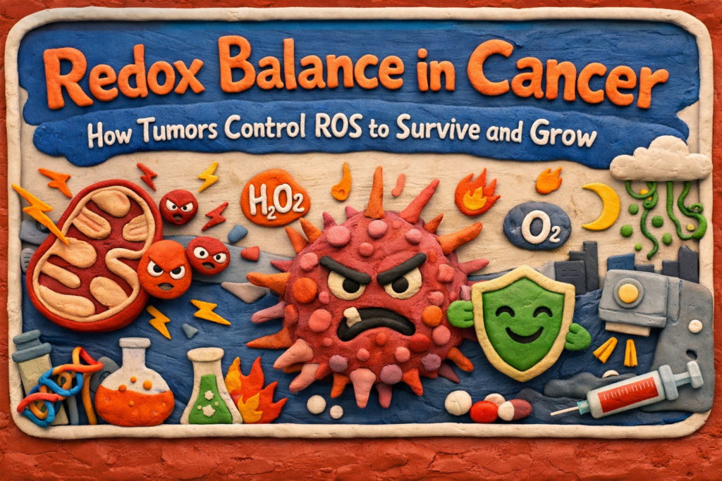 Redox balance in cancer claymation illustration showing ROS, mitochondria, antioxidants and tumor cell interaction