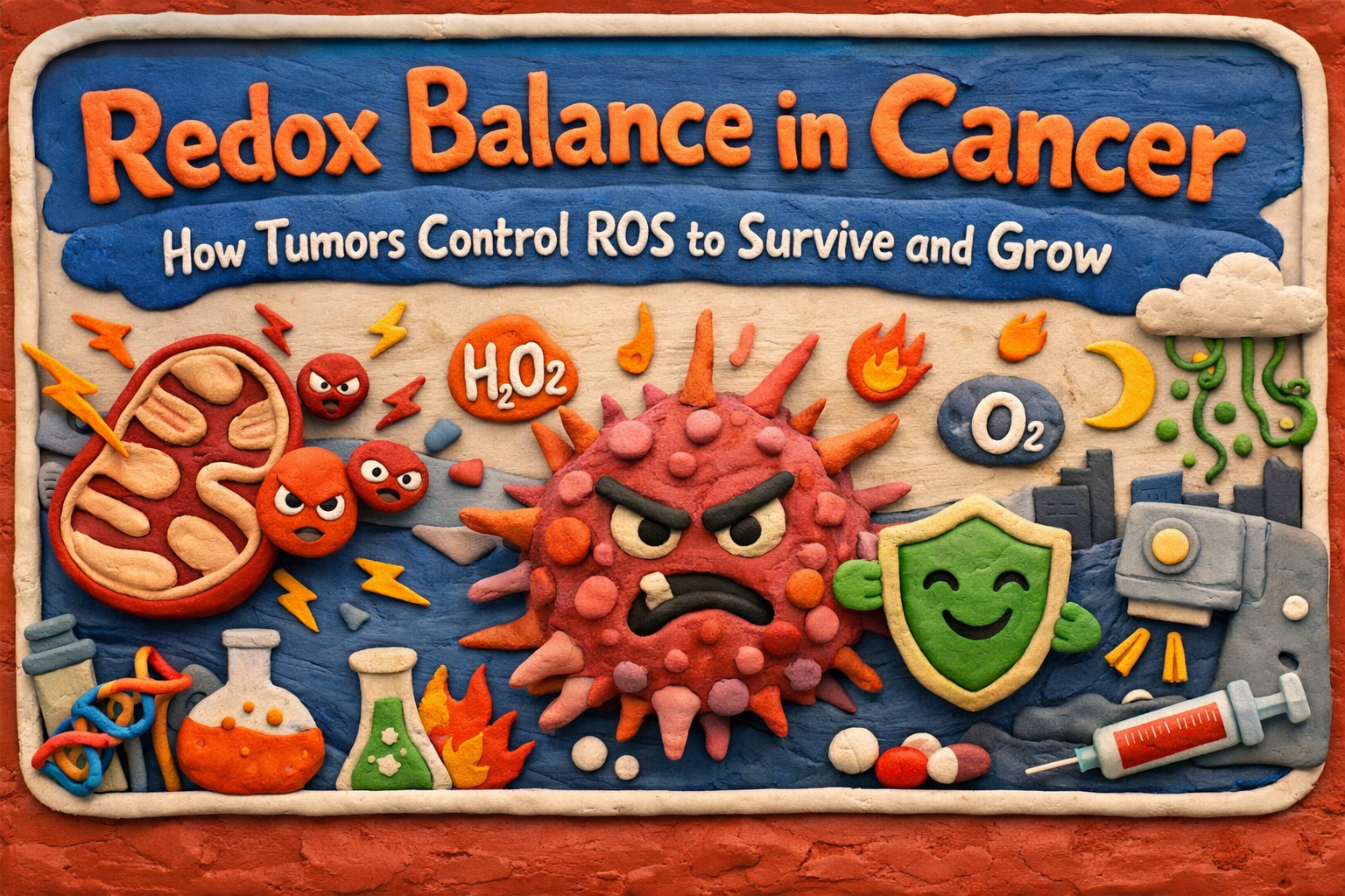 Redox balance in cancer claymation illustration showing ROS, mitochondria, antioxidants and tumor cell interaction