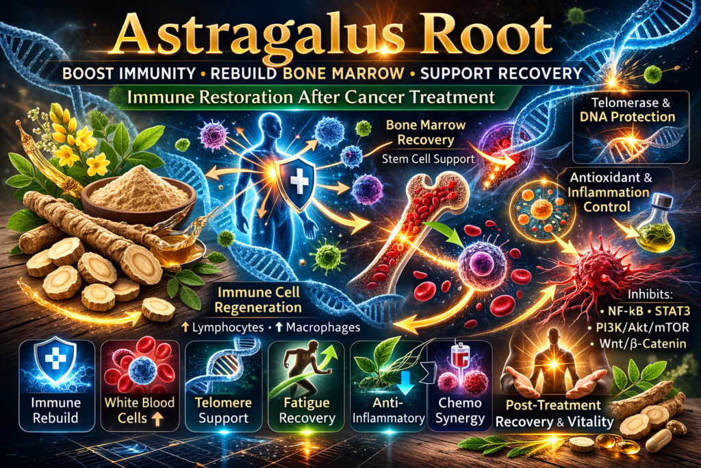 Astragalus root for cancer recovery supporting immune system, bone marrow regeneration, and post-treatment healing