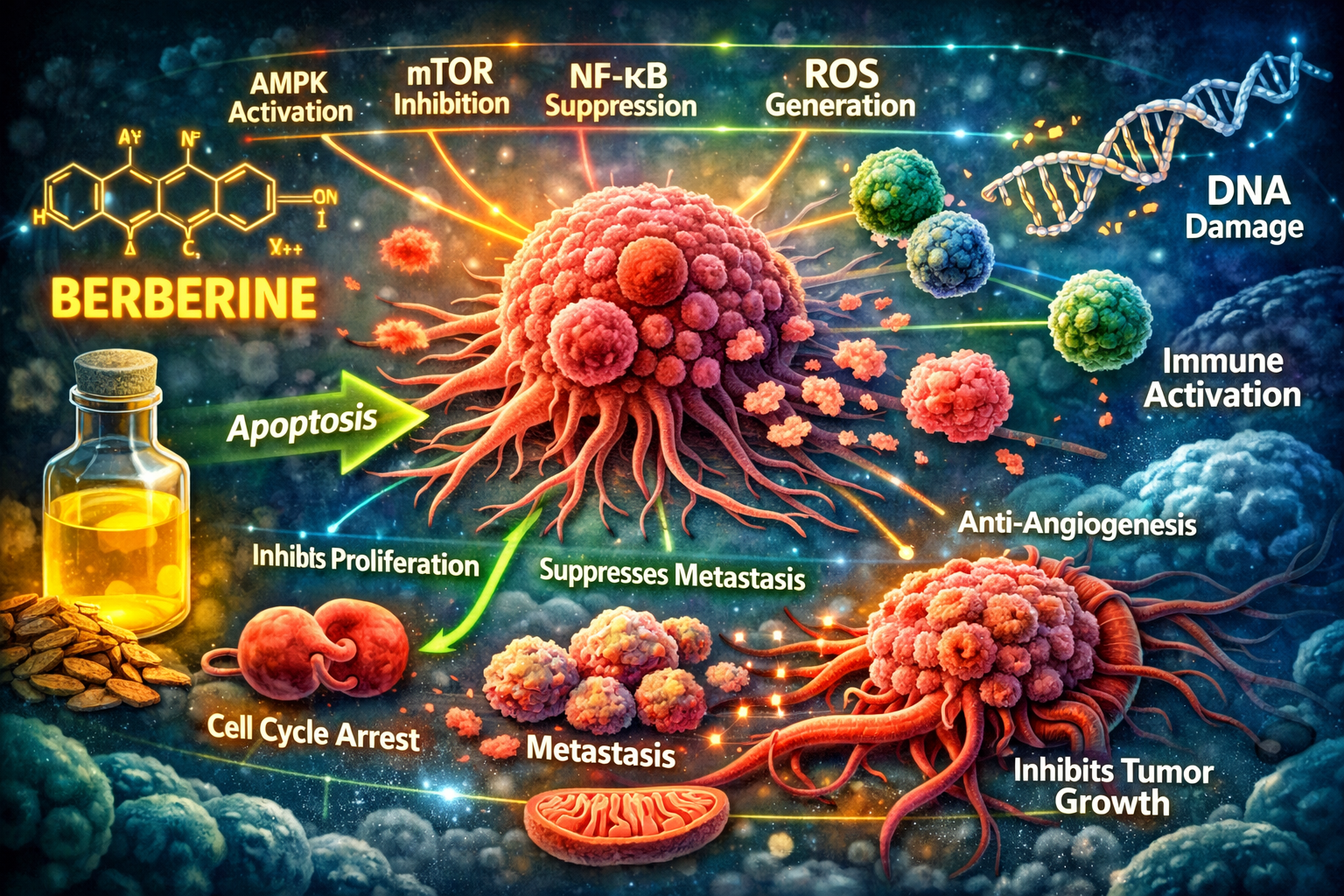 Berberine effects on cancer pathways including AMPK activation, mTOR inhibition, NF-kB suppression, ROS generation, apoptosis, and tumor growth inhibition