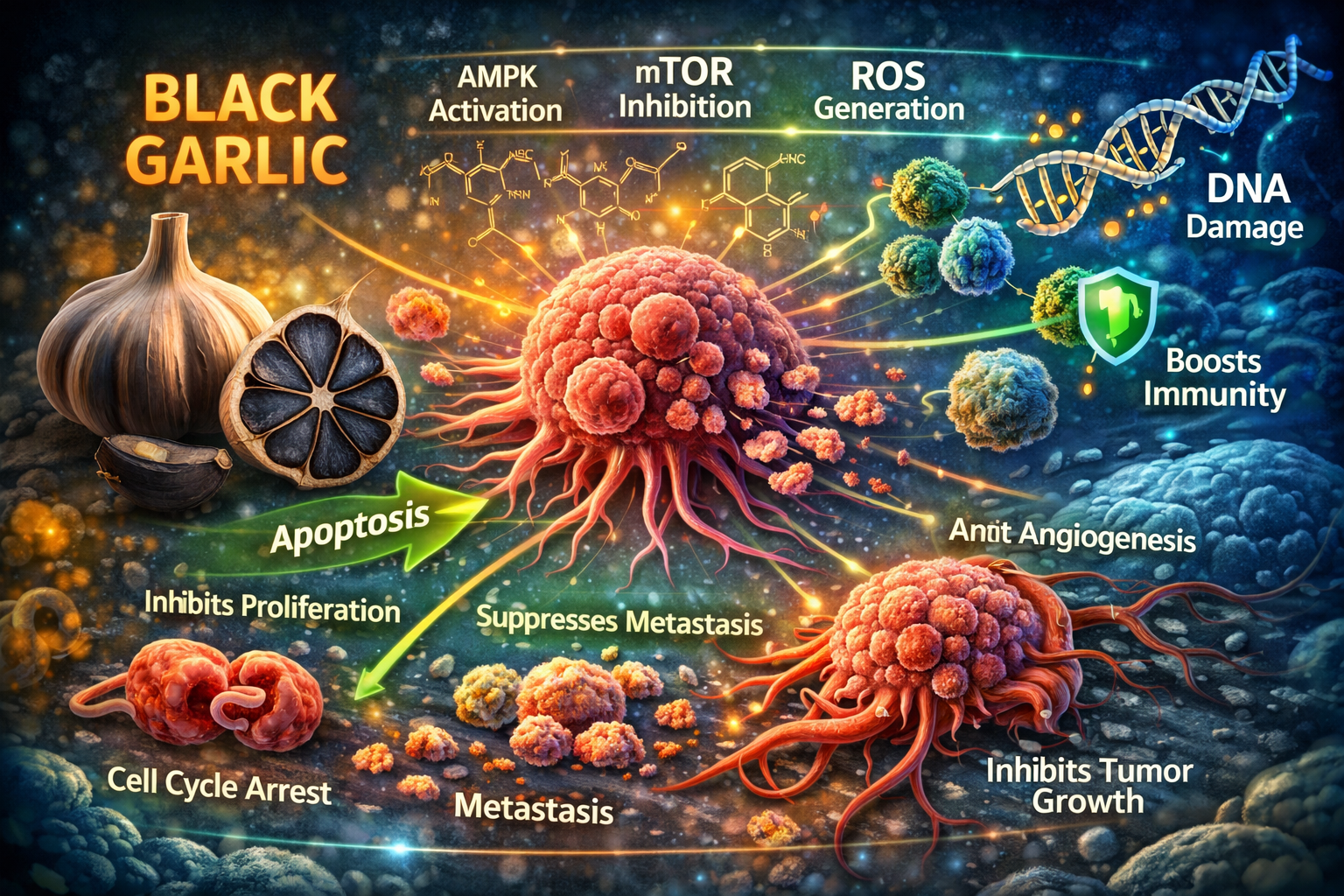 Black garlic effects on cancer pathways including AMPK activation, mTOR inhibition, ROS generation, apoptosis, and tumor growth suppression