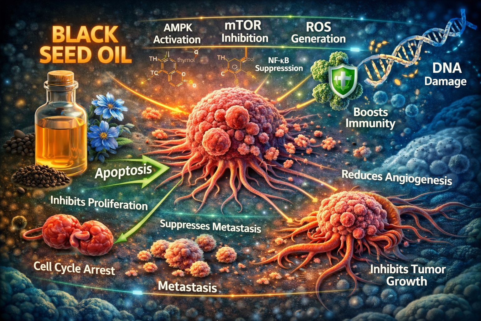 Black seed oil effects on cancer pathways including thymoquinone, AMPK activation, mTOR inhibition, NF-kB suppression, ROS generation, and apoptosis