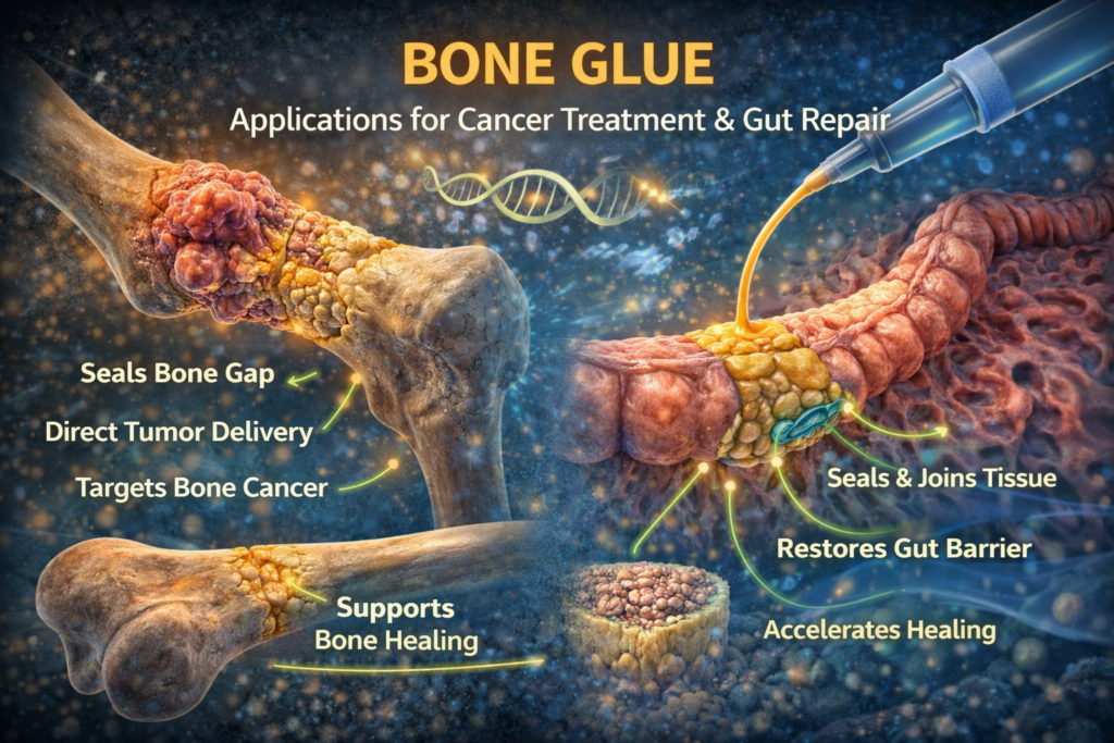 Bone glue for cancer treatment and gut repair showing biomaterial adhesive sealing bone tumors and restoring intestinal barrier function