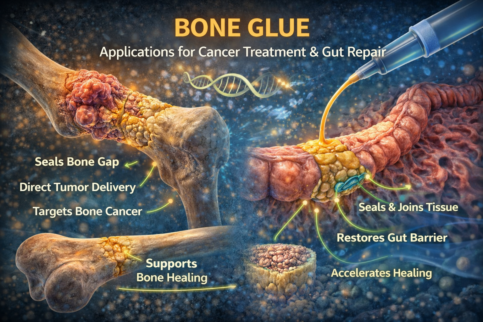 Bone glue for cancer treatment and gut repair showing biomaterial adhesive sealing bone tumors and restoring intestinal barrier function