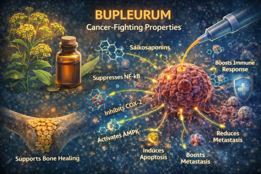 Bupleurum cancer pathways showing saikosaponins targeting NF-kB, COX-2, AMPK activation, apoptosis, and metastasis suppression