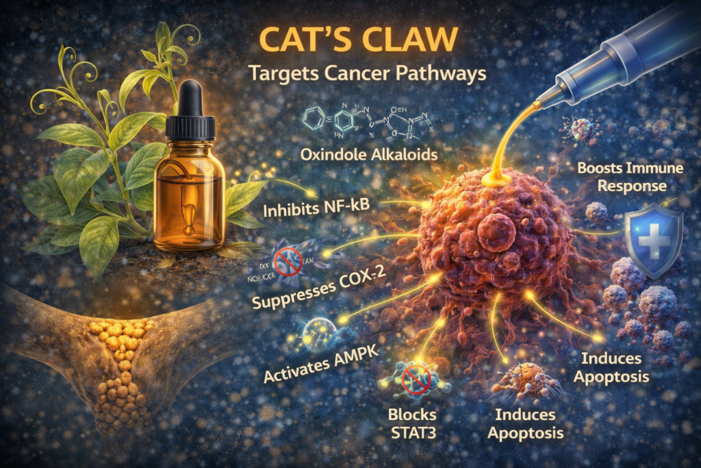 Cat’s Claw cancer pathways showing oxindole alkaloids targeting NF-kB, STAT3, COX-2, AMPK activation, and apoptosis