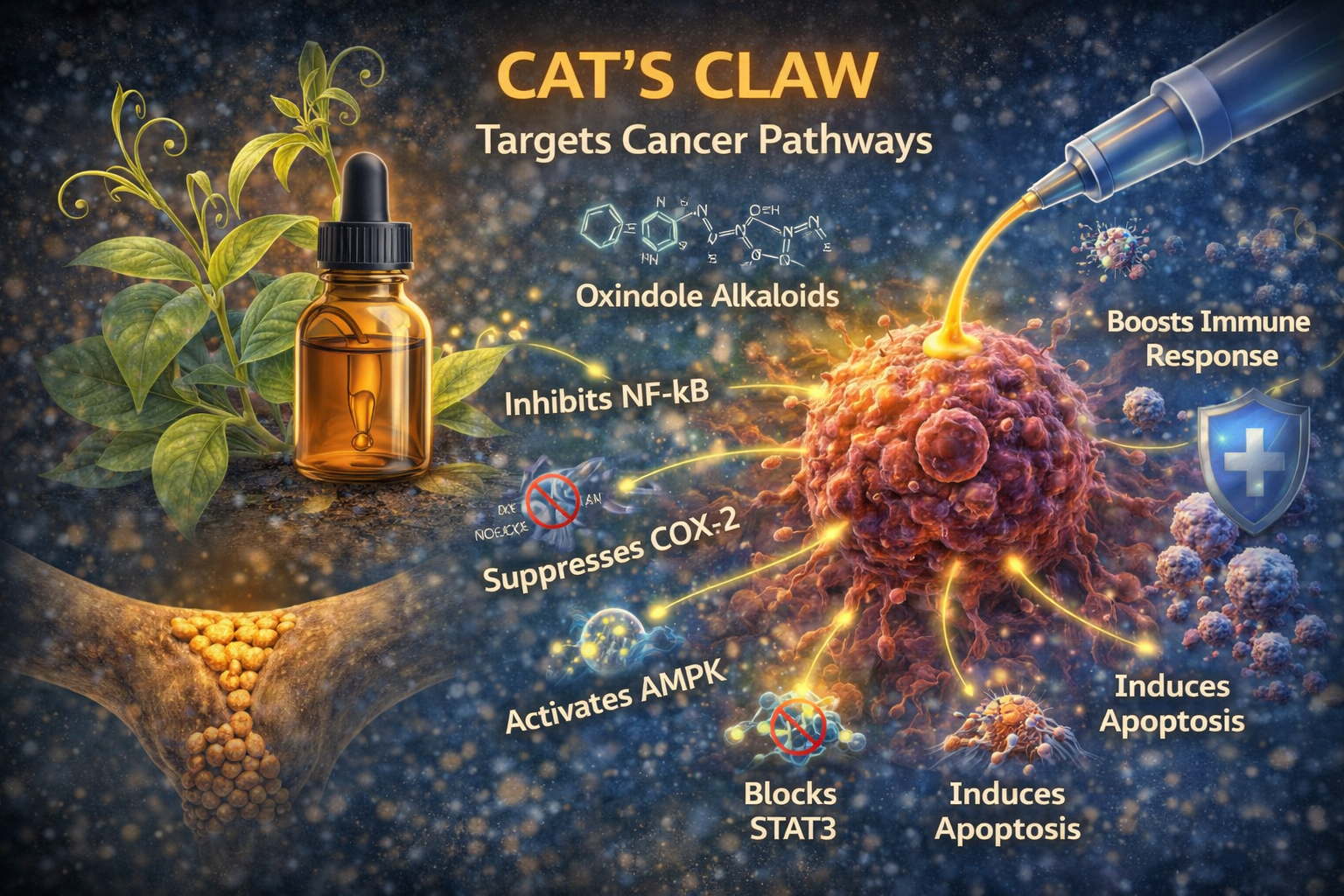 Cat’s Claw cancer pathways showing oxindole alkaloids targeting NF-kB, STAT3, COX-2, AMPK activation, and apoptosis
