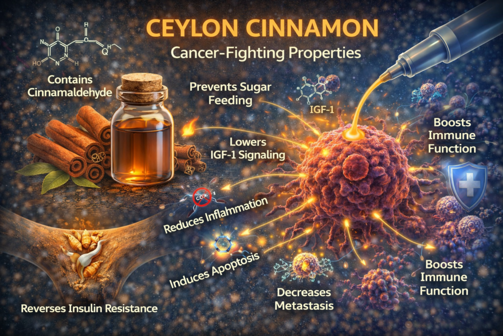 Ceylon cinnamon cancer pathways showing cinnamaldehyde targeting IGF-1 signaling, insulin resistance, inflammation, apoptosis, and metastasis