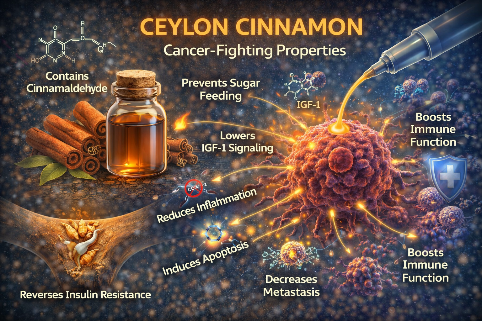 Ceylon cinnamon cancer pathways showing cinnamaldehyde targeting IGF-1 signaling, insulin resistance, inflammation, apoptosis, and metastasis
