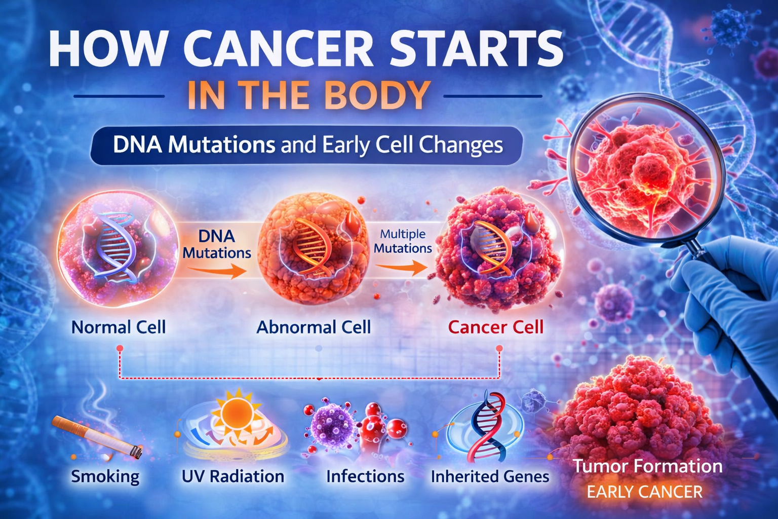 how cancer starts in the body infographic showing dna mutations normal cell becoming abnormal cell and cancer cell tumor formation causes of dna damage