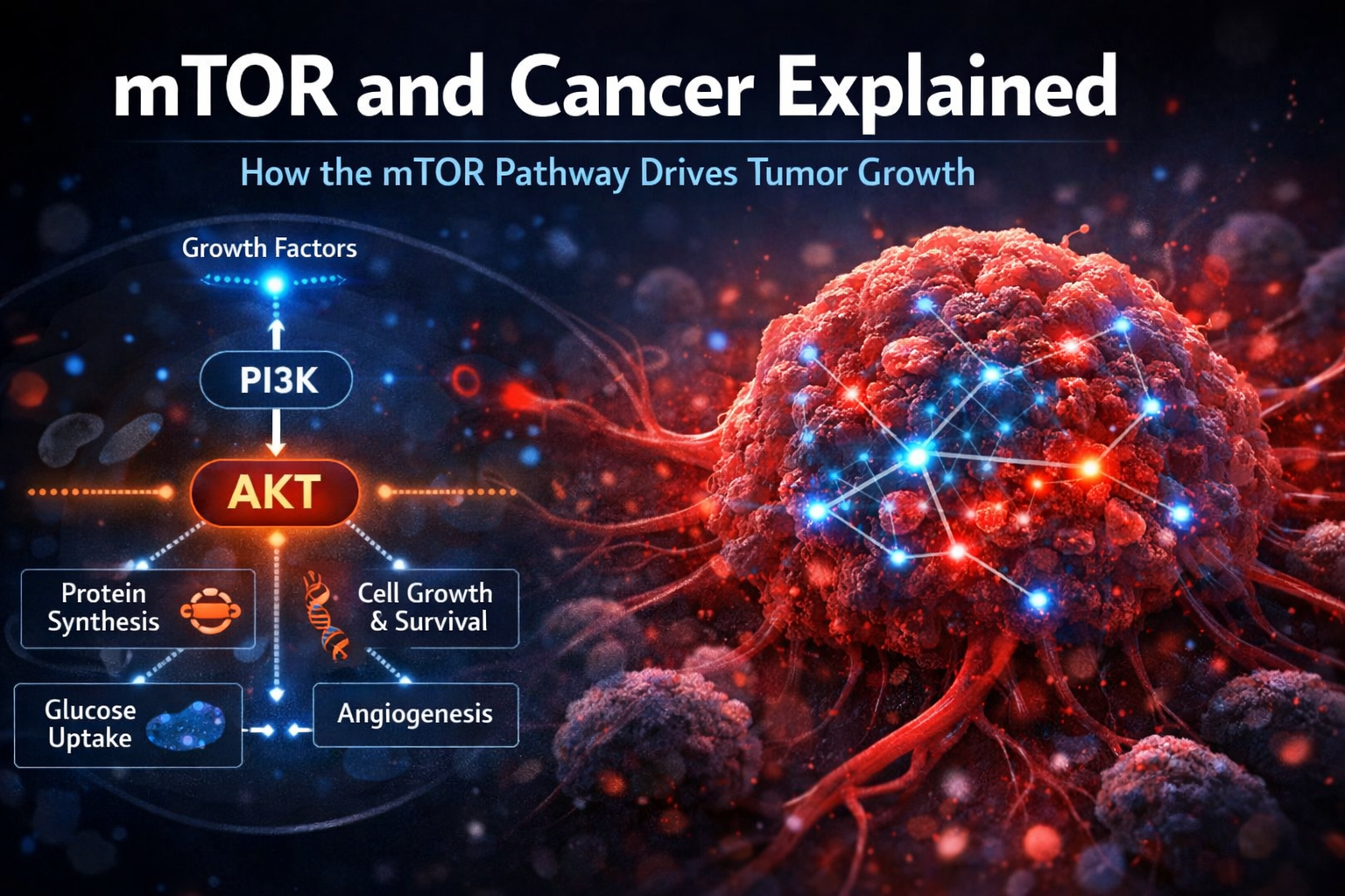 mTOR pathway signaling diagram showing PI3K AKT pathway driving cancer cell growth and metabolism