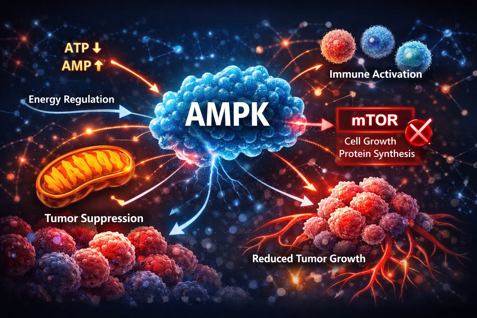 AMPK energy sensor regulating cancer metabolism and mTOR tumor growth pathway