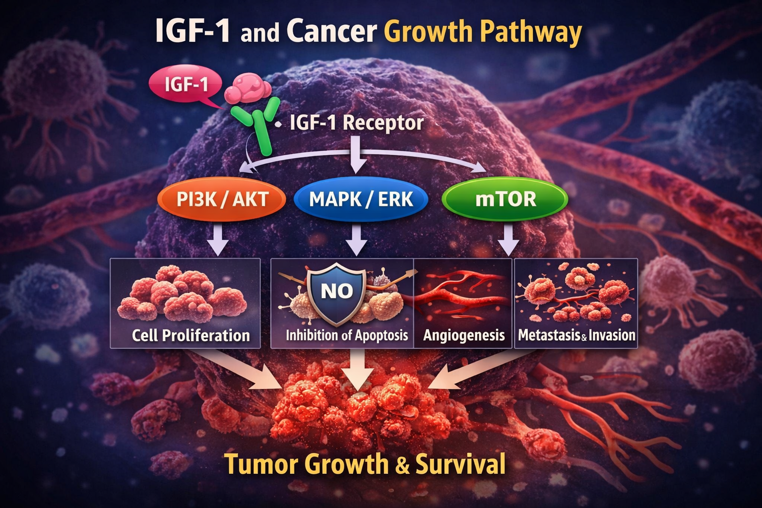 IGF-1 cancer growth pathway diagram showing IGF-1 receptor activating PI3K AKT, MAPK ERK, and mTOR signaling involved in tumor growth.