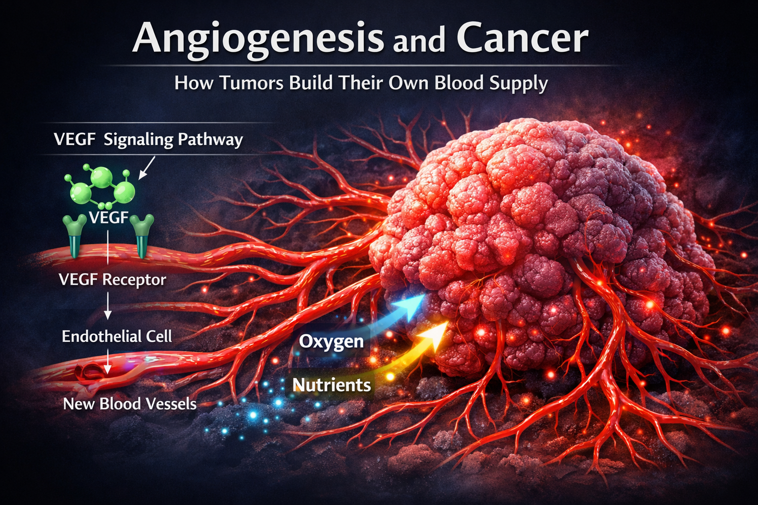 Angiogenesis in cancer showing tumor blood vessels forming through VEGF signaling to supply oxygen and nutrients to a growing tumor.