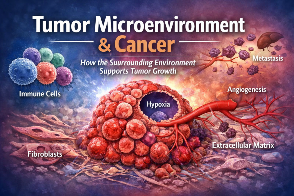 Tumor microenvironment diagram showing immune cells, fibroblasts, angiogenesis, extracellular matrix, and hypoxia supporting cancer growth.