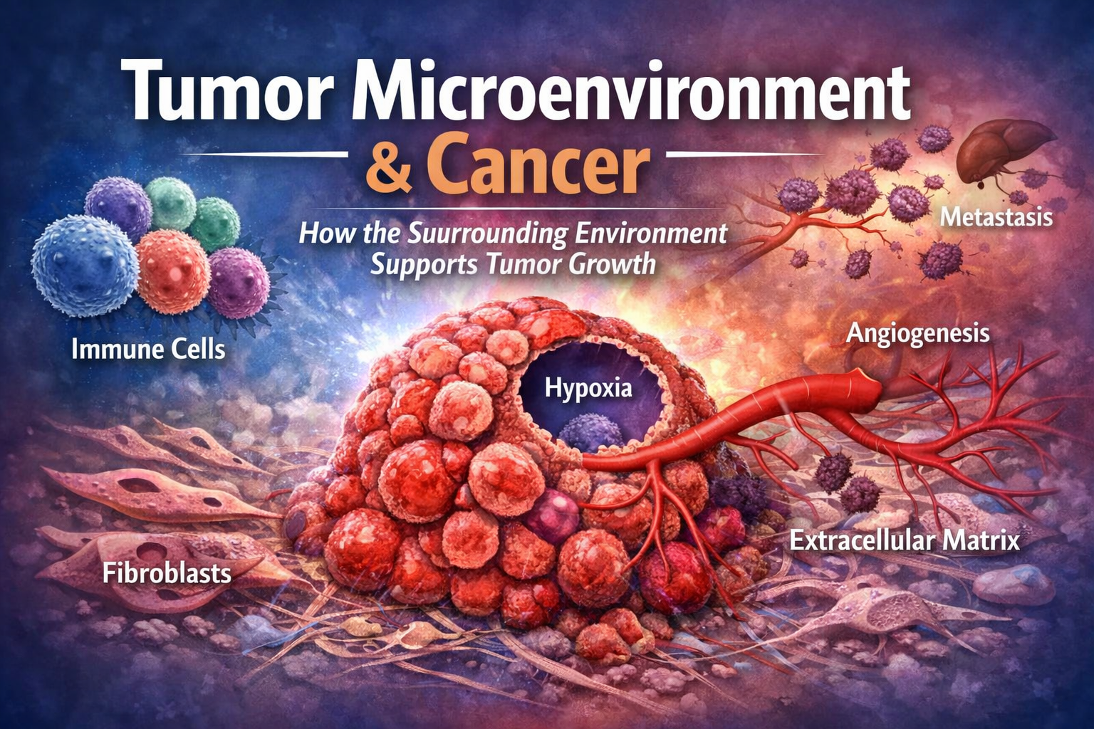 Tumor microenvironment diagram showing immune cells, fibroblasts, angiogenesis, extracellular matrix, and hypoxia supporting cancer growth.