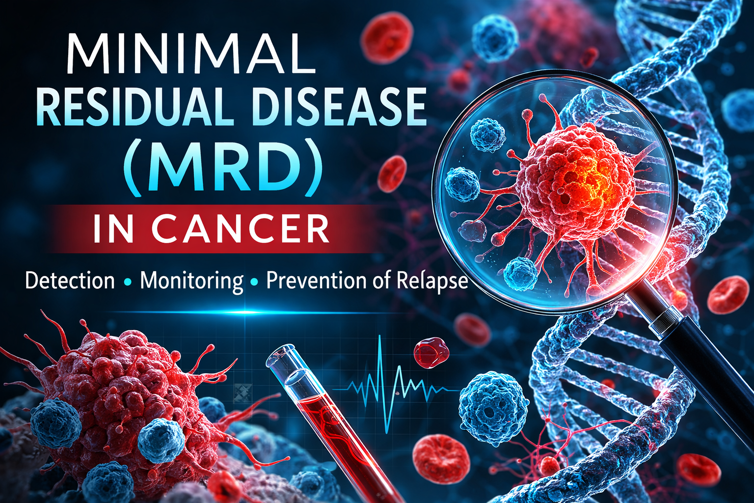 Minimal Residual Disease (MRD) in cancer illustration showing microscopic cancer cells detected through blood testing and DNA analysis used to monitor relapse risk.