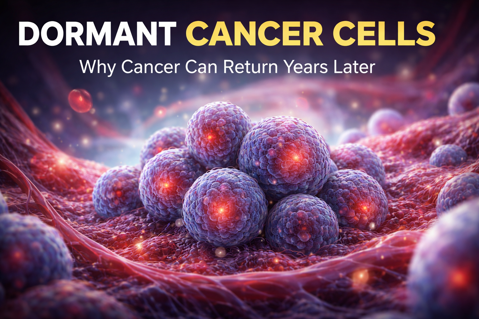 Medical illustration showing dormant cancer cells resting inside tissue, explaining how cancer cells can survive treatment and reactivate years later.
