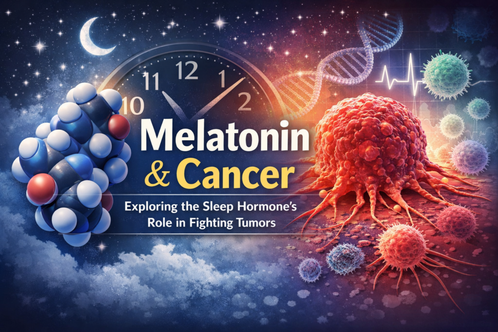 Melatonin and cancer illustration showing sleep hormone molecule, circadian clock, DNA strand, immune cells, and tumor growth concept.