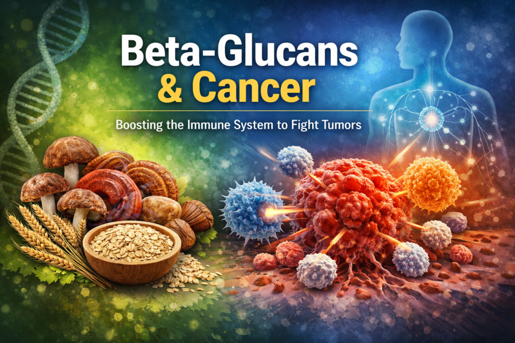 Beta-glucans from mushrooms, yeast, and oats activating immune cells to attack cancer cells and support natural tumor defense.