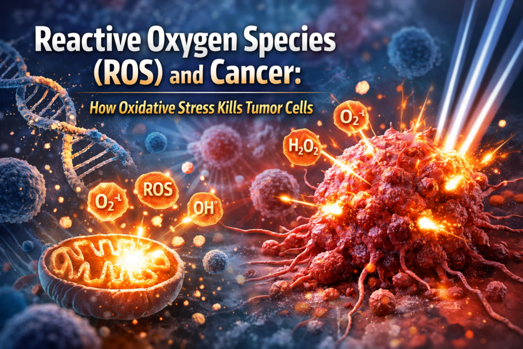 Reactive oxygen species damaging cancer cells through oxidative stress, showing mitochondria, ROS molecules, and tumor cell destruction.