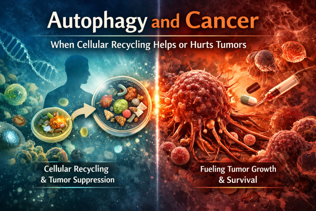 Autophagy and cancer illustration showing cellular recycling that protects healthy cells versus tumor survival mechanisms.