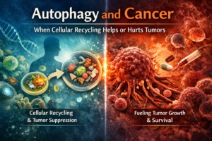 Autophagy and cancer illustration showing cellular recycling that protects healthy cells versus tumor survival mechanisms.