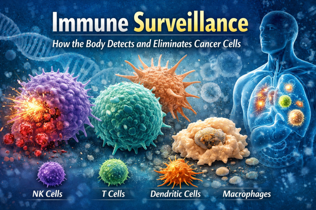 Immune surveillance illustration showing NK cells, T cells, dendritic cells, and macrophages detecting and destroying cancer cells