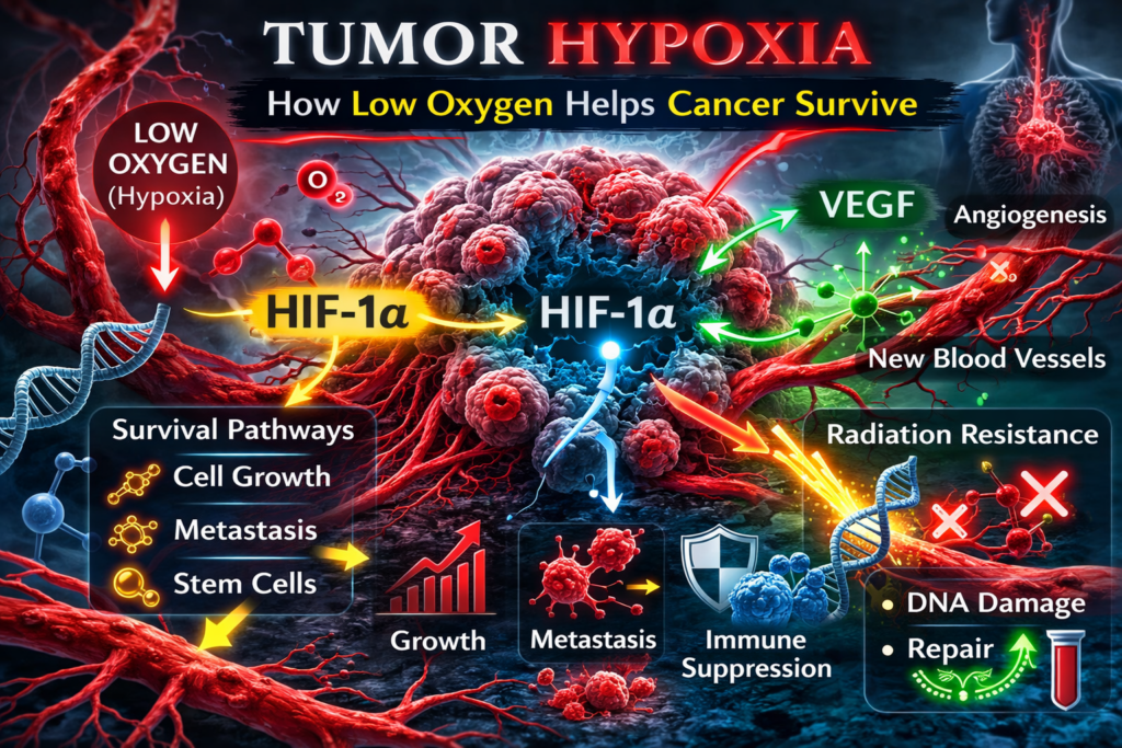 Tumor hypoxia diagram showing how low oxygen activates HIF-1α, VEGF angiogenesis, radiation resistance, and cancer survival pathways.