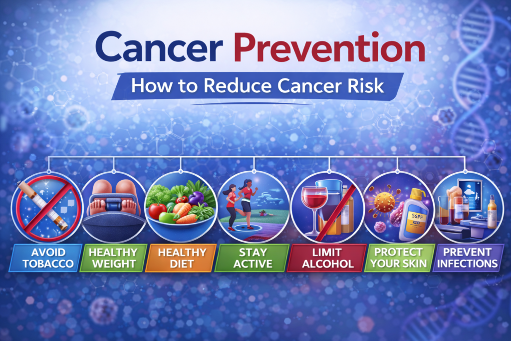 Cancer prevention diagram showing ways to reduce cancer risk including healthy diet exercise avoiding tobacco and cancer screening