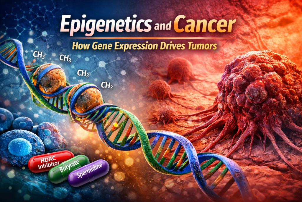 Epigenetics and cancer illustration showing DNA methylation, histone modification, and tumor cells affecting gene expression